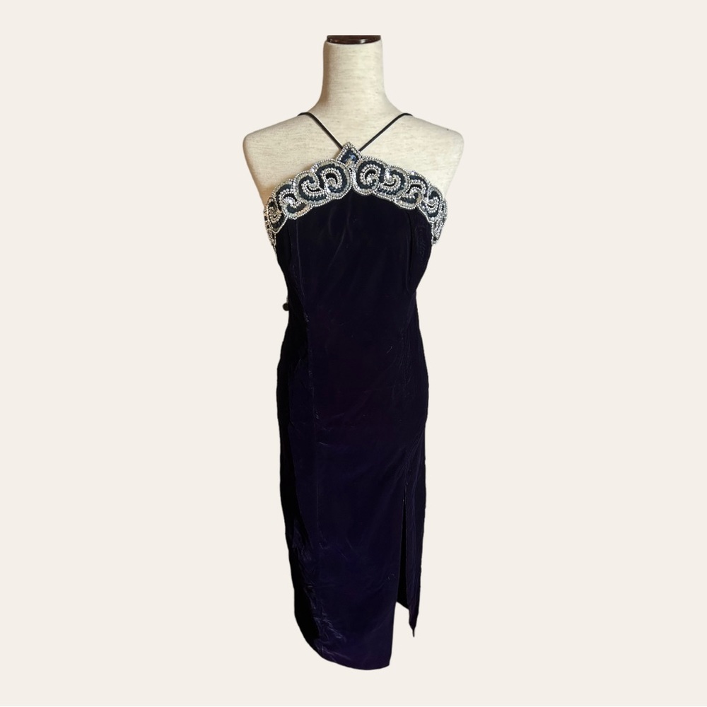 Vintage 80s 90s Sequin Navy Blue Velvet Evening Gown Prom Dress size 6/8​